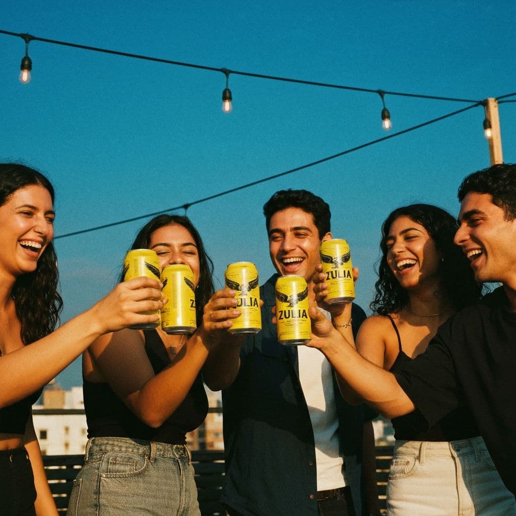 Amigos celebrando con Cerveza Zulia en una terraza al atardecer